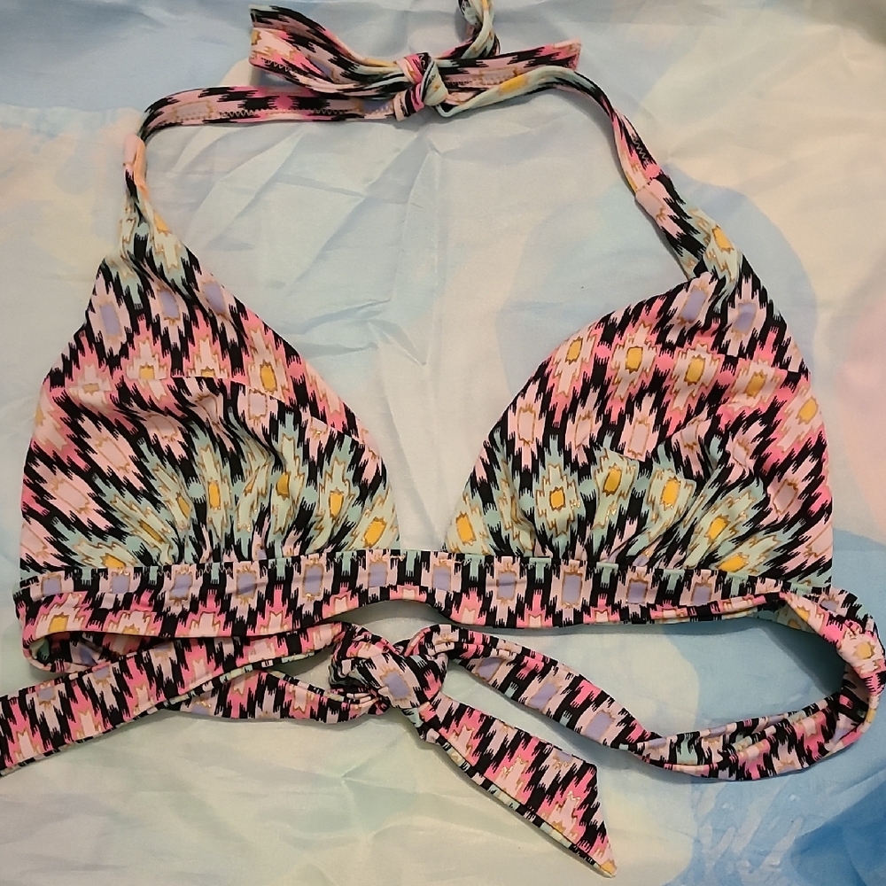 Victoria's Secret The Plunge Halter Colorful Patterned Bikini Top Sz L EUC